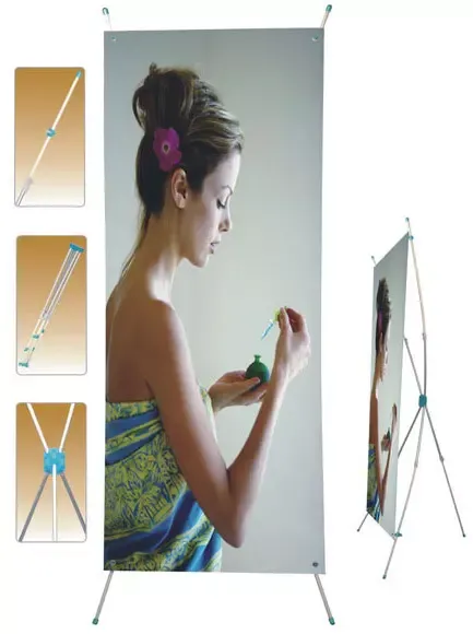 Medium Standard Blue, Grey and White X Type Single Sided Fibeglass and Plastic Banner Stand