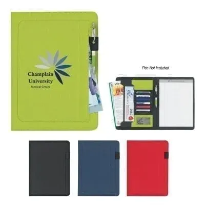 Custom logo padfolios in various colors, featuring Champlain University Medical Center branding, showcasing practical design for office use and promotional events.